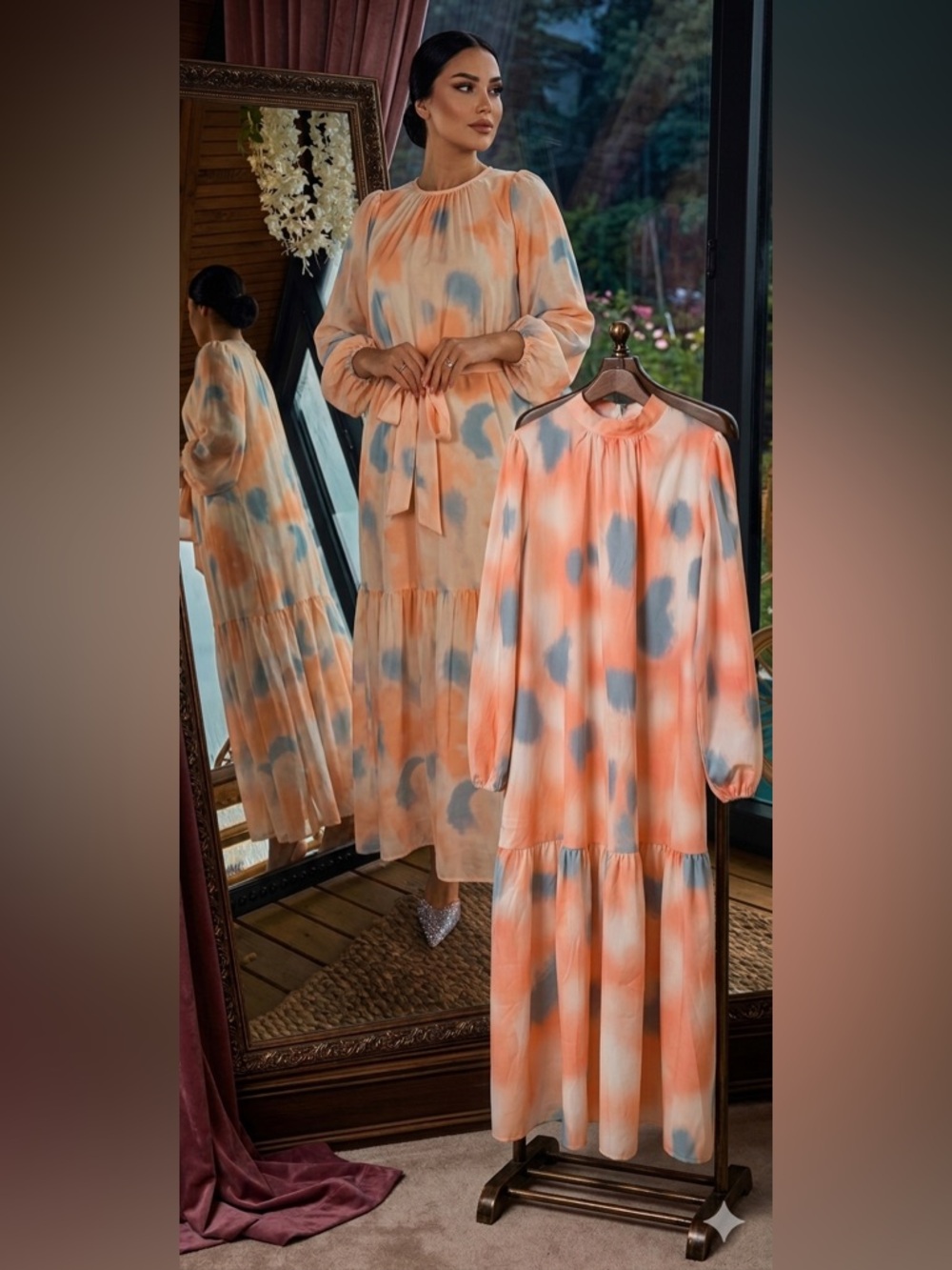 Chic watercolor Boho style flowy Tiered Maxi dress SZ L/XL w Bishop sleeves NWOT